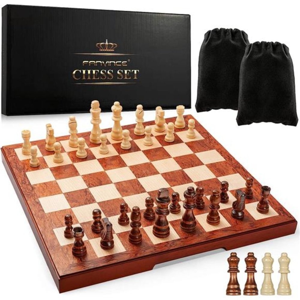 Chess Set 15" Wooden Board Game -Wood Sets with 2 Storage Bags & 2 Extra Queens